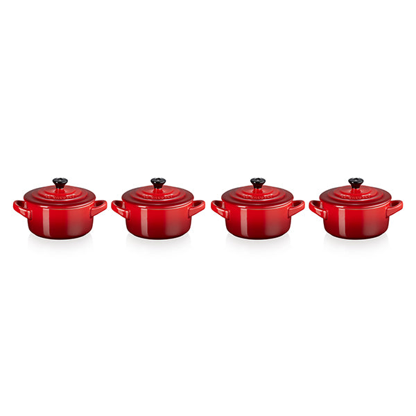 set 4 mini-cocottes céramique 10 cm cerise le creuset