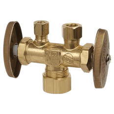 Picture of BrassCraft Compliant Brass Multi-Turn Dual Outlet/Shut-Off Angle Stop, 1/2 inch x 3/8 inch x 3/8 inch