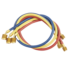 Picture of Yellow Jacket PLUS II 3 Pack 1/4 inch x 60 inch Hose with SEALRIGHT Low Loss Anti-Blow Back Fitting, (3 pack) Yellow, Blue, Red