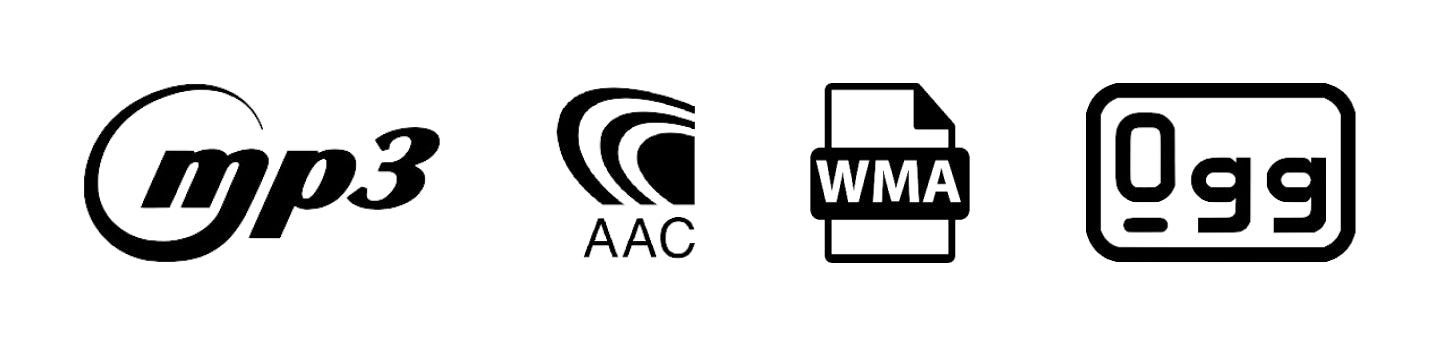 Logos formats fichiers compressés avec perte : MP3, AAC, WMA et Ogg