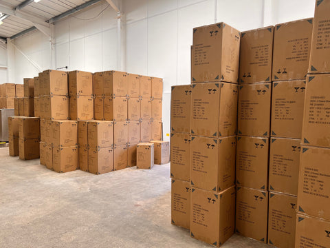 Neatly stacked bedside table boxes at the Simply Bedside's warehouse in Cornwall.