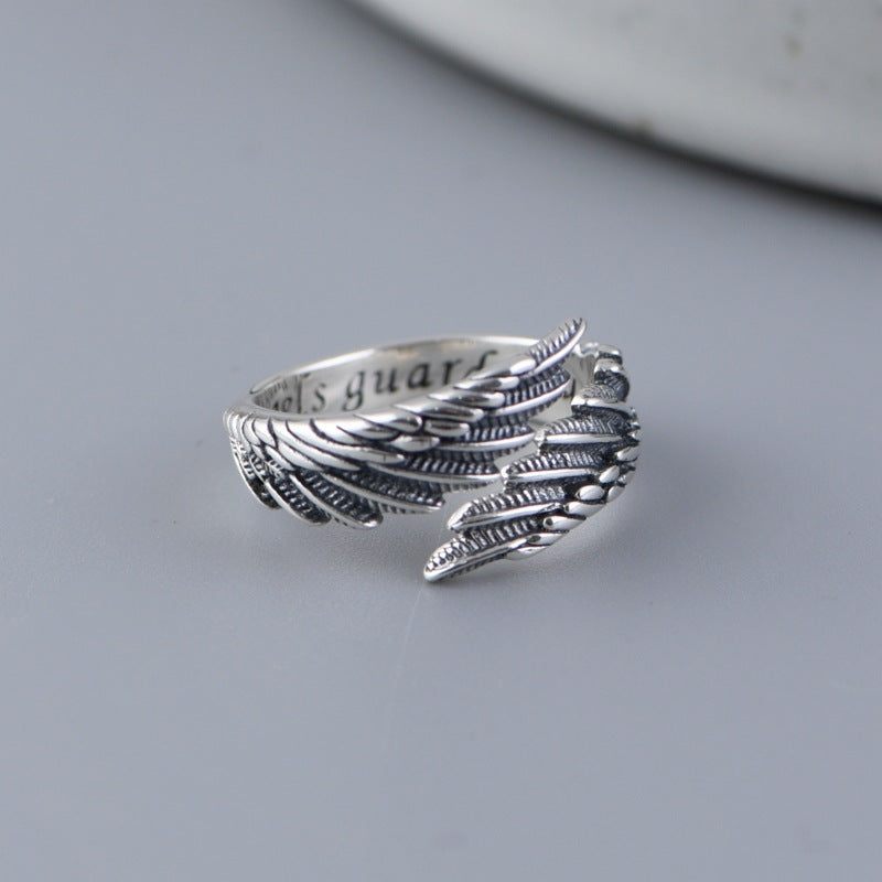 Goth Style Sterling Silver Feather Wings Open Ring | GothReal