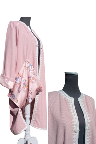 Moroccan light pink long cashmere coat  with white embroidery