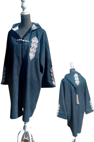 embroidered moroccan winter blue cashmere hooded coat