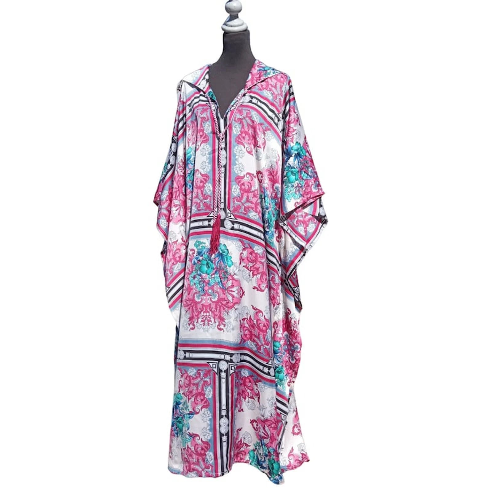 Silk hooded kaftan with Moroccan tassels