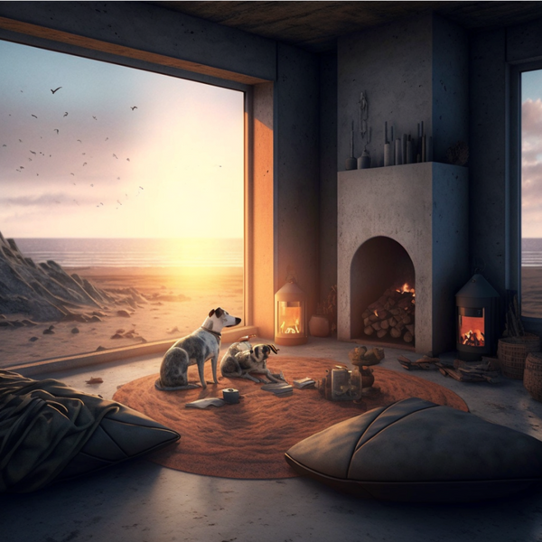 AI-generated illustration of a Pacific Coast ground floor living room with fireplace and two dogs on a warm-toned rug and large leather bean bag cushions. The sun sets in a large window over the ocean and beach. 