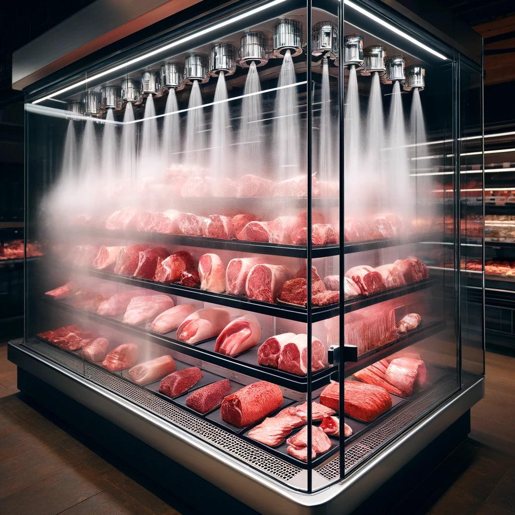 A modern glass display front meat cooler in a butcher shop. The cooler is filled with various cuts of meat, each neatly arranged on trays. Above the m.webp__PID:164e5a11-fe2b-41ad-85ba-7d5c6ad43982