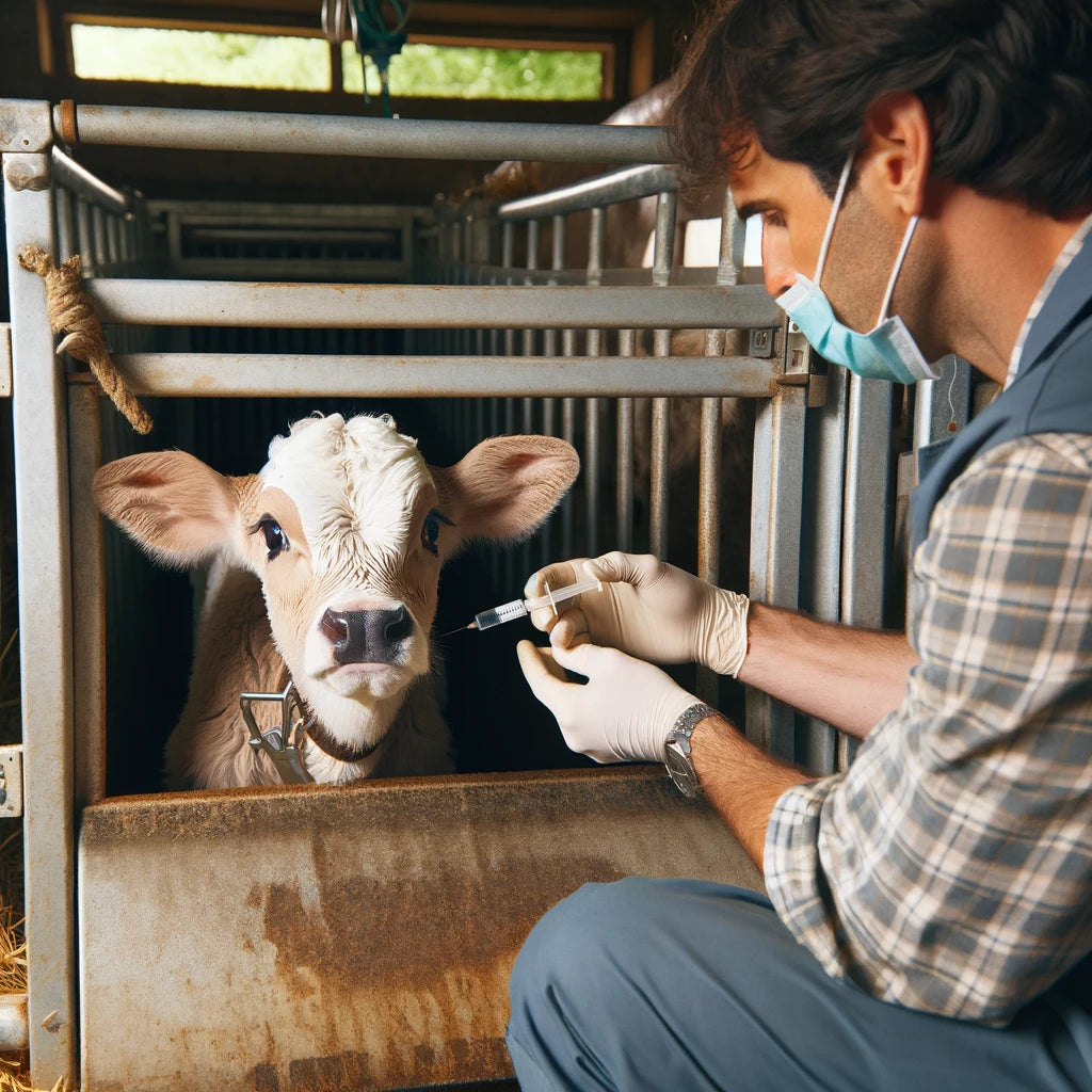 A scared calf in a squeeze chute at a farm. The calf, showing clear signs of fear such as wide eyes and tense posture, is being held securely in the c.webp__PID:5a11fe2b-71ad-45ba-bd5c-6ad43982df11