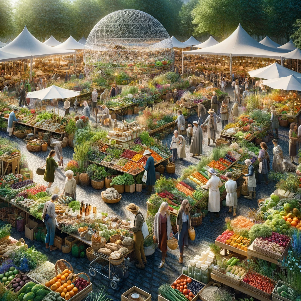 DALL·E 2024-01-07 18.38.12 - An image of an immersive, biodynamic farmers market. The scene is bustling with activity and color, featuring stalls laden with a diverse array of fre.png__PID:cd1863d1-4739-4a30-a75b-8426ae6f51ee