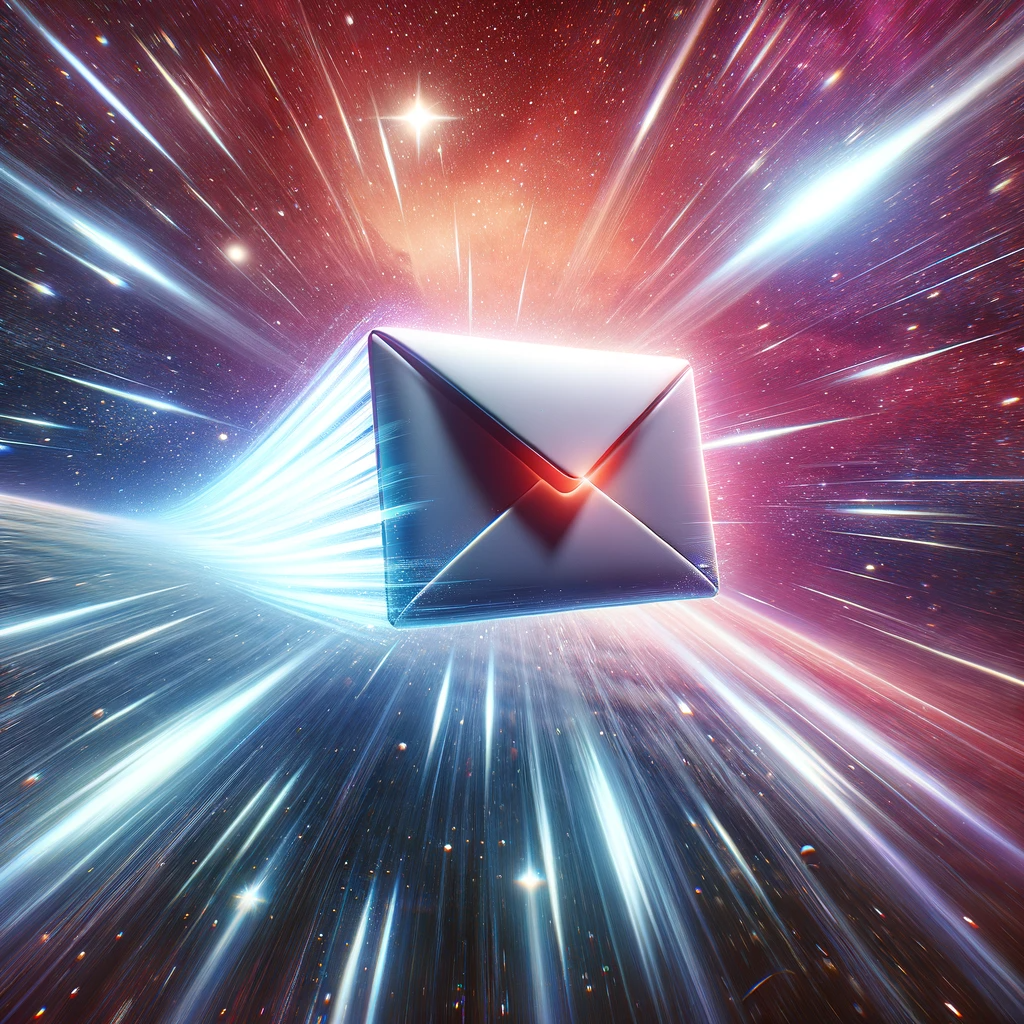 DALL·E 2024-01-25 19.29.04 - An email icon is depicted as traveling at high speed into hyperspace. The background shows a dynamic, star-filled space scene with streaks of light, g.png__PID:b823308a-663e-4a76-a6b7-175206f9ad94