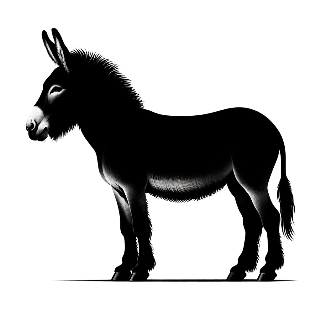 Silhouette of a left-facing mammoth jack donkey against a pure white background.webp__PID:fb9a430b-bb38-4813-9301-fce6d1e9c9c6