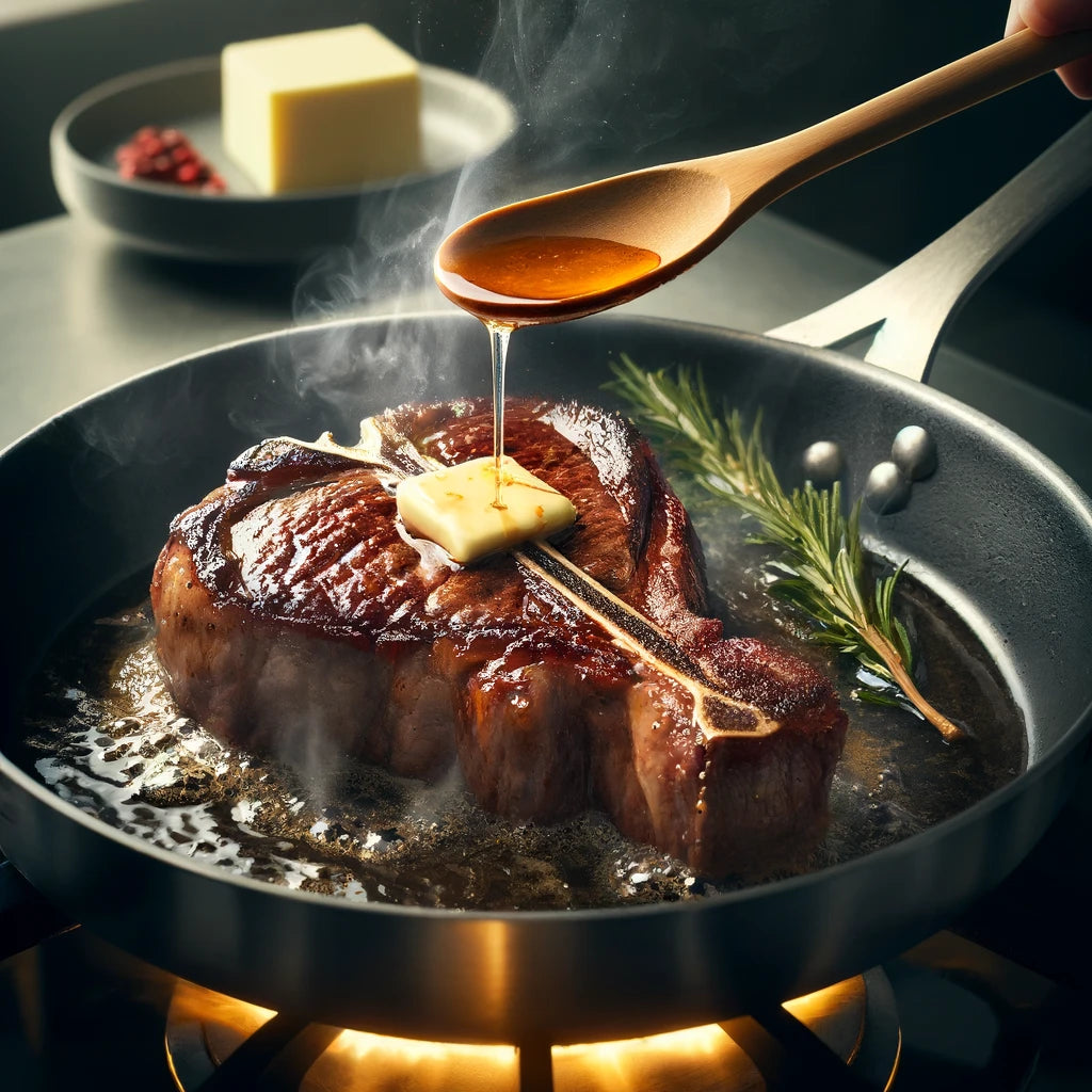 wagyu T-bone steak being cooked to perfection. Each captures the moment with the Maillard Reaction, the sizzle, and the steam, alongside the butter and rosemary being spooned over the steak.webp__PID:e9395ea9-2fa8-43e6-a2e5-317e89ee47bf