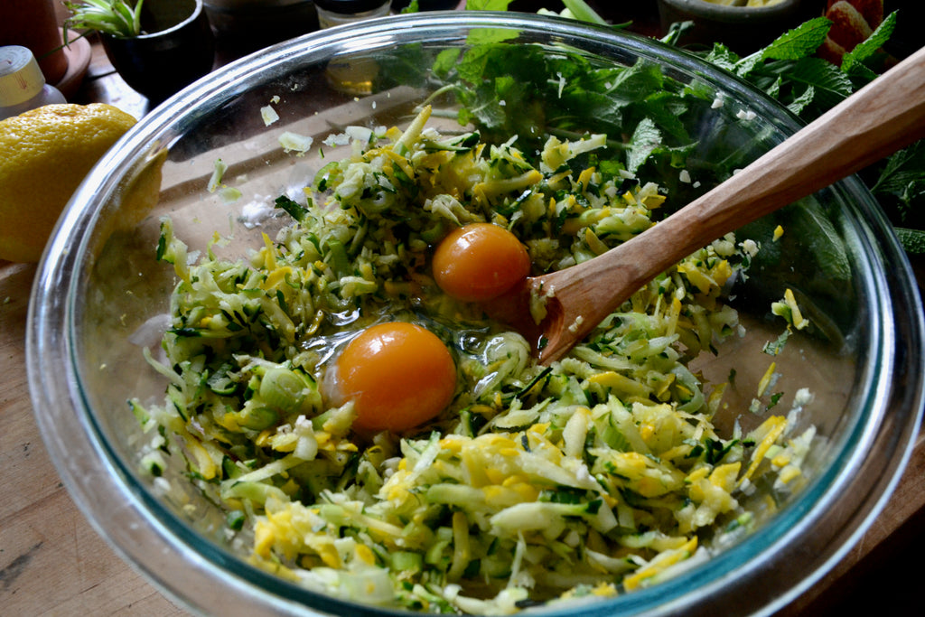 Fritter mix in progress with two of our own eggs. - Quittner, Zucchini Fritters