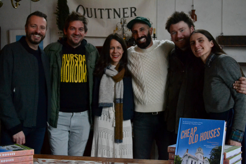 Group photo of Quittner owners Pippa and Ben alongside Elizabeth and Ethan from Cheap Old Houses, and Jordan and Barry, the Brownstone Boys at Quittner for a Cheap Old Houses book event