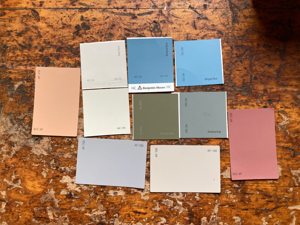 Color palate concept for Quittner apartment makeover remodel project Benjamin Moore and Magnolia paints