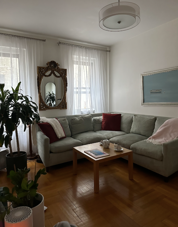 New york city living room furnished with used and found vintage furniture, eclectic vintage style