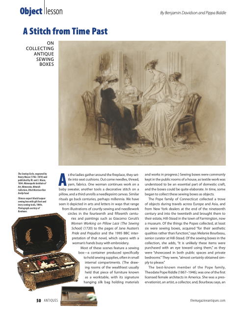 screenshot of the first page of the Object Lesson article on sewing boxes in the March/April 2024 issue of the Magazine Antiques