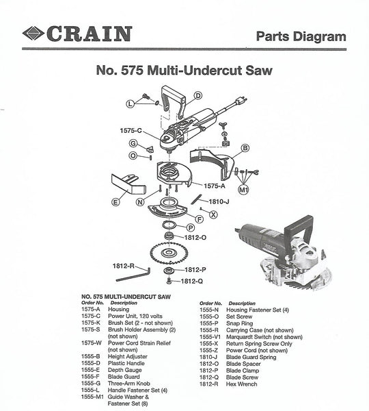 Crain 575 Multi-Undercut Saw Parts List