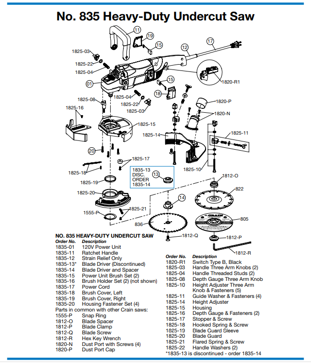 Crain 835 Heavy-Duty Undercutsaw Parts List