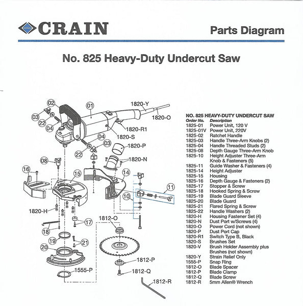 Crain 825 Heavy-Duty Undercut Saw Parts List