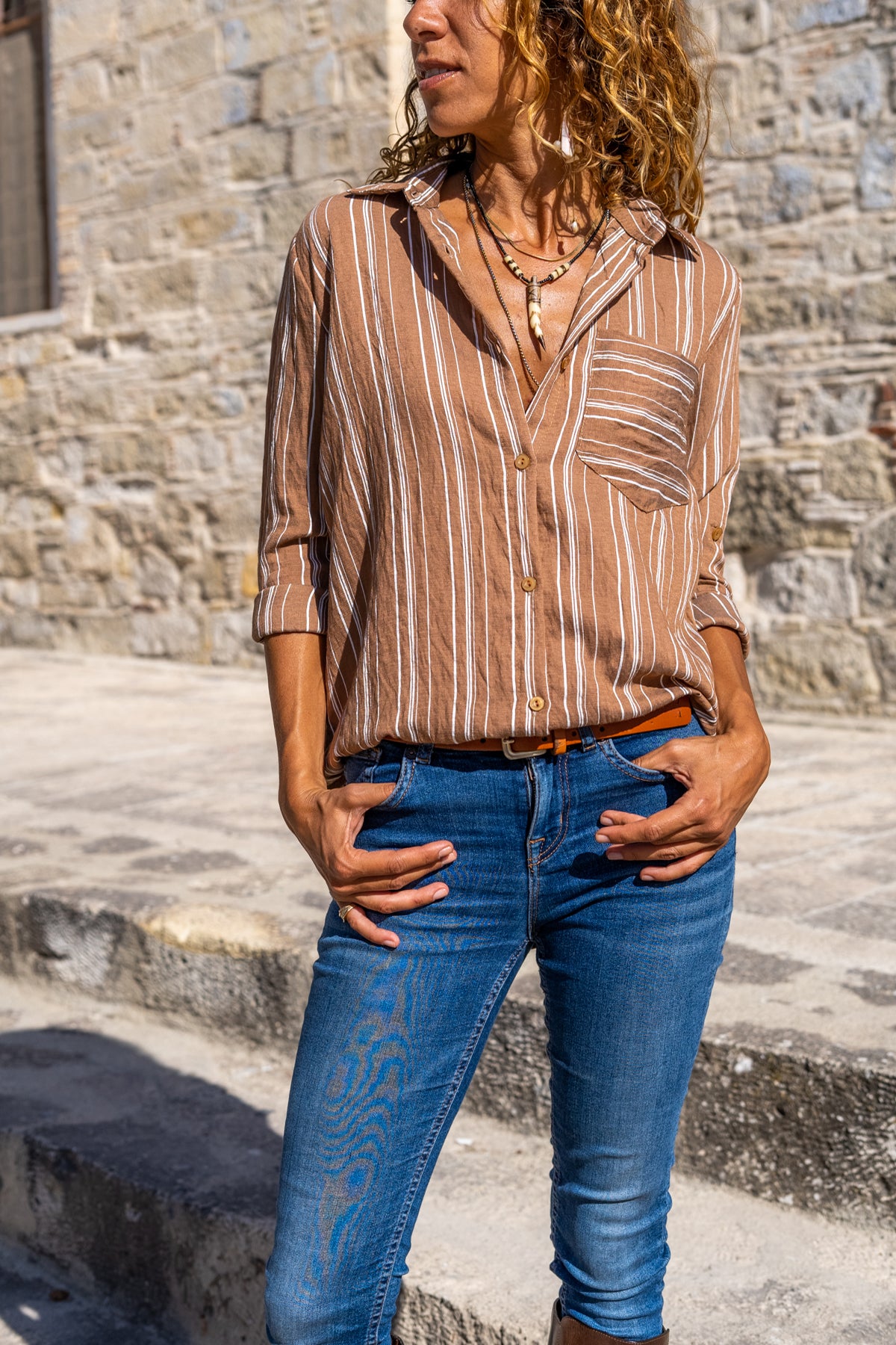 Brown classic women's shirt, Special textured polyester brown