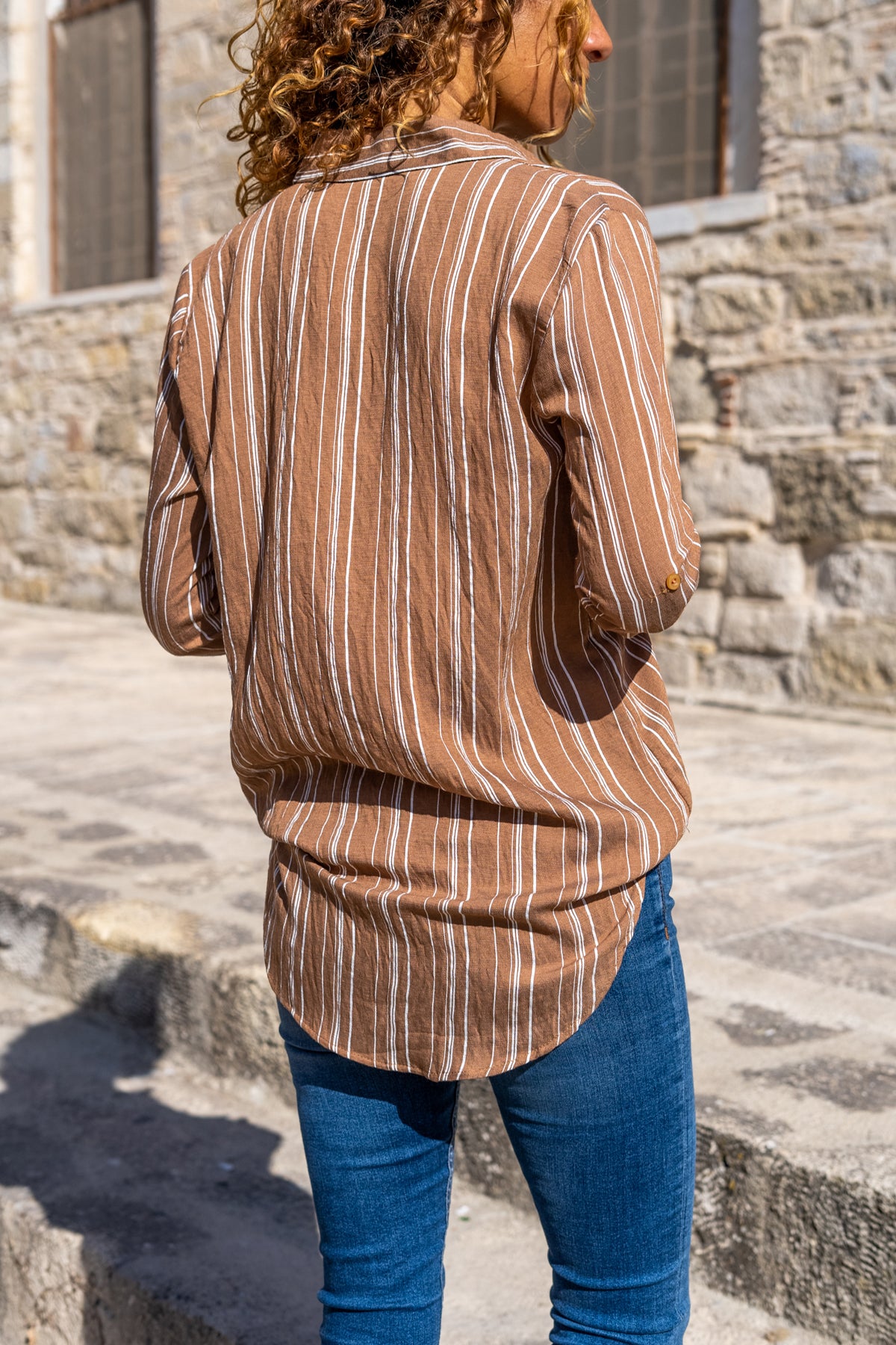 Brown classic women's shirt, Special textured polyester brown