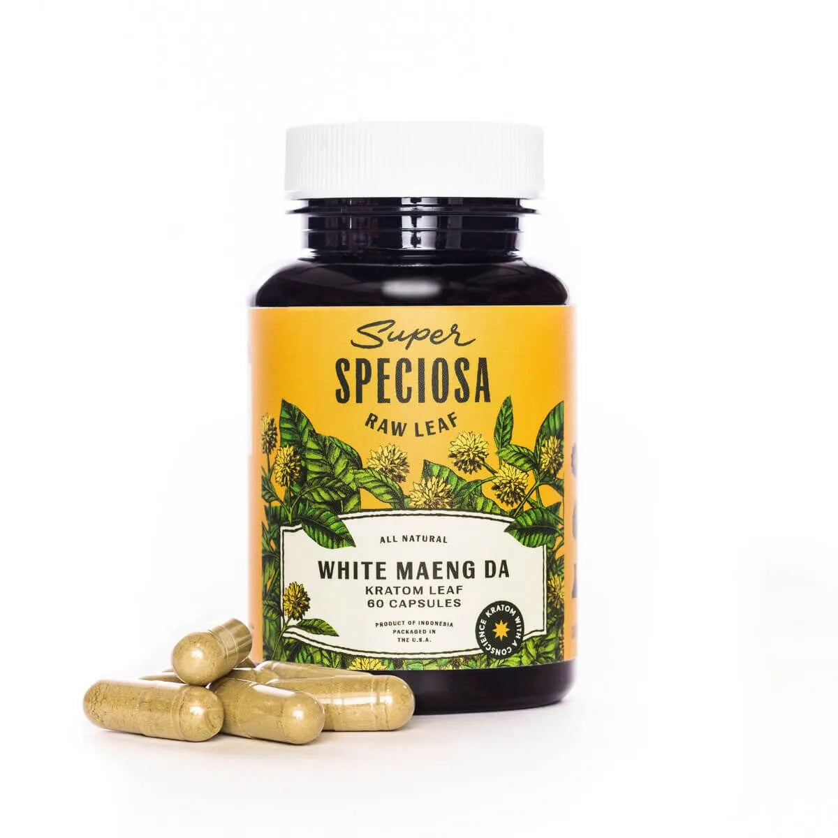 A bottle of Super Speciosa White Maeng Da Kratom leaf capsules with several capsules lying beside it.