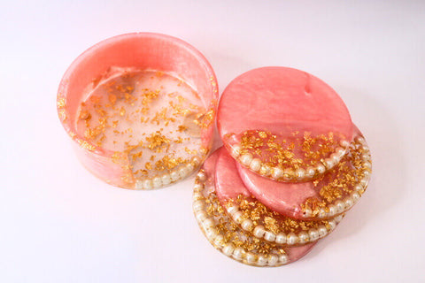 handmade pink resin art coaster set with pearls and gold glitter ethical and fair trade made by artisan