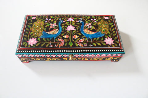 Hand painted wooden peacock jewelry box large