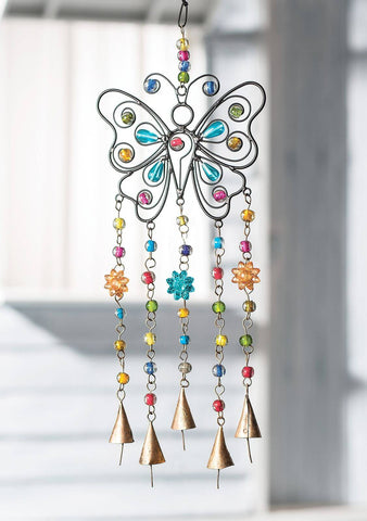 metal butterfly windchime with colorful beads and bells for patio or balcony made by artisans ethical and fair trade gift