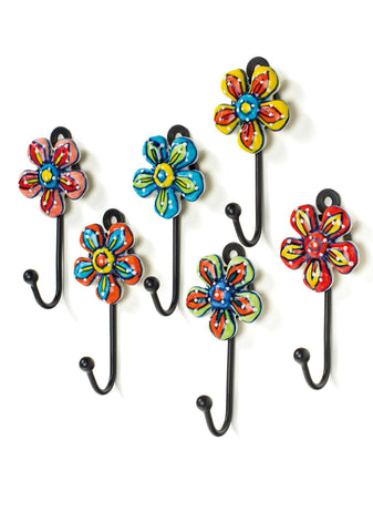 handpainted ceramic daisy flower wall hook in red, orange, blue, yellow and green color 