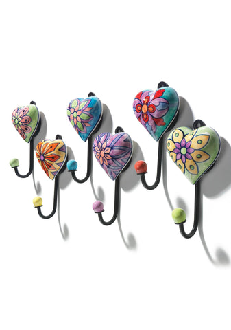 handpainted heart ceramic wall hook in green, blue, red, orange, yellow and blue color