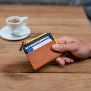 mens leather card holder wallet with coin pocket in yellow, blue and brown color