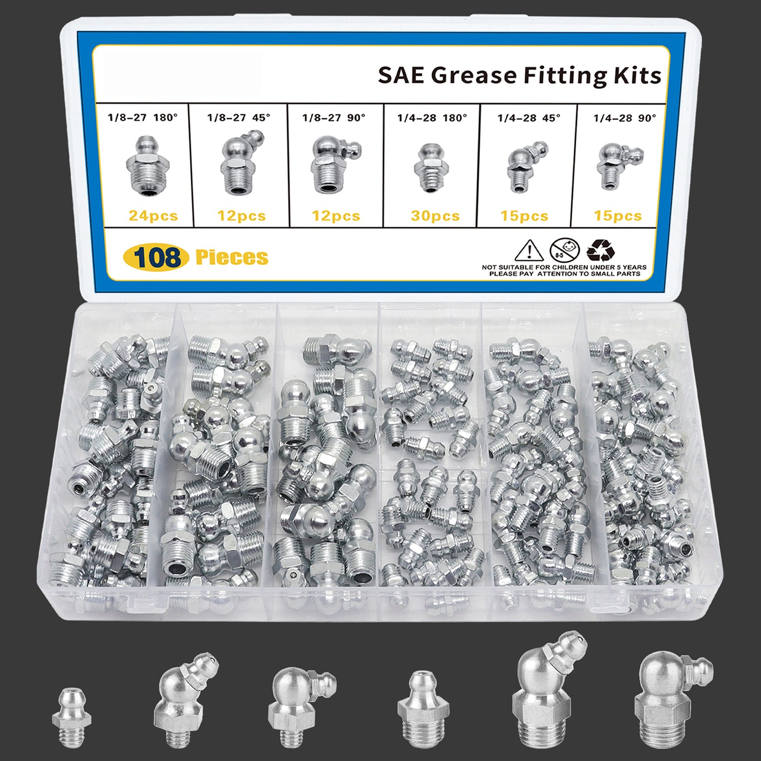 108 PCS Metric Hydraulic Grease Fittings Assortment, Grease Nipple Kit Standard With1/4