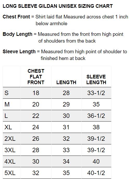 Long sleeve Gildan shirt sizing chart