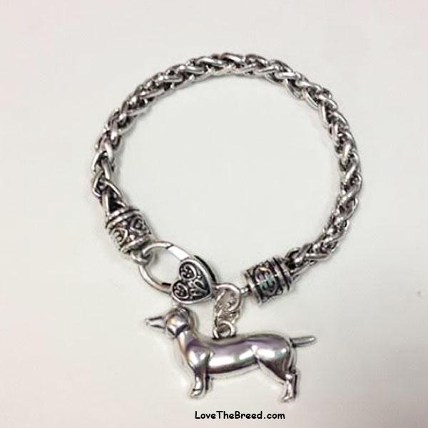 Dachshund Charm Bracelet Rope Silver Heart Clasp