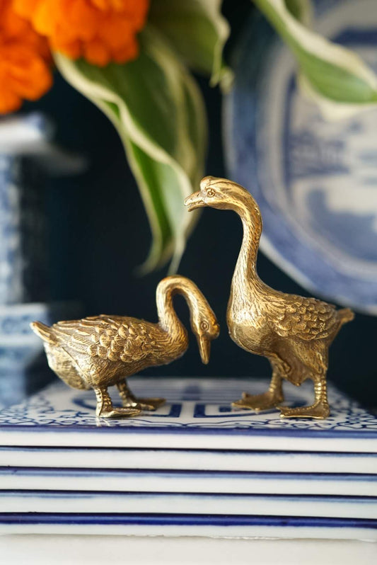 Vintage 2 Solid Brass Geese Pair Duck Figurines MCM Brass Goose