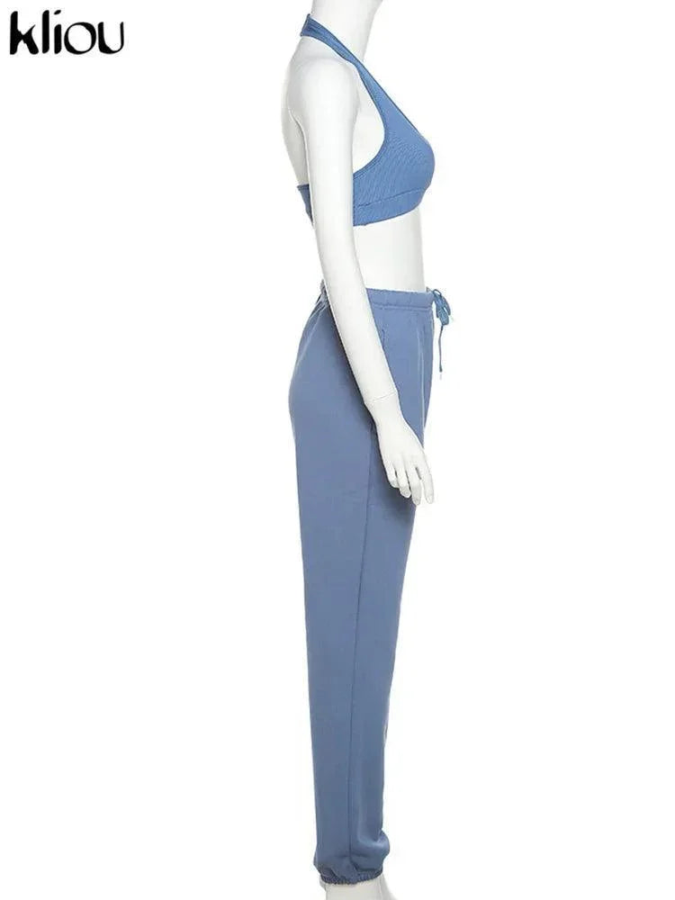 Sporty Two Piece Set Girl Halter Crop Tops+Drawstring Sweatpants Slim Activewear Casual Gym Workout Fitness Womens Outfits - Evallys.com