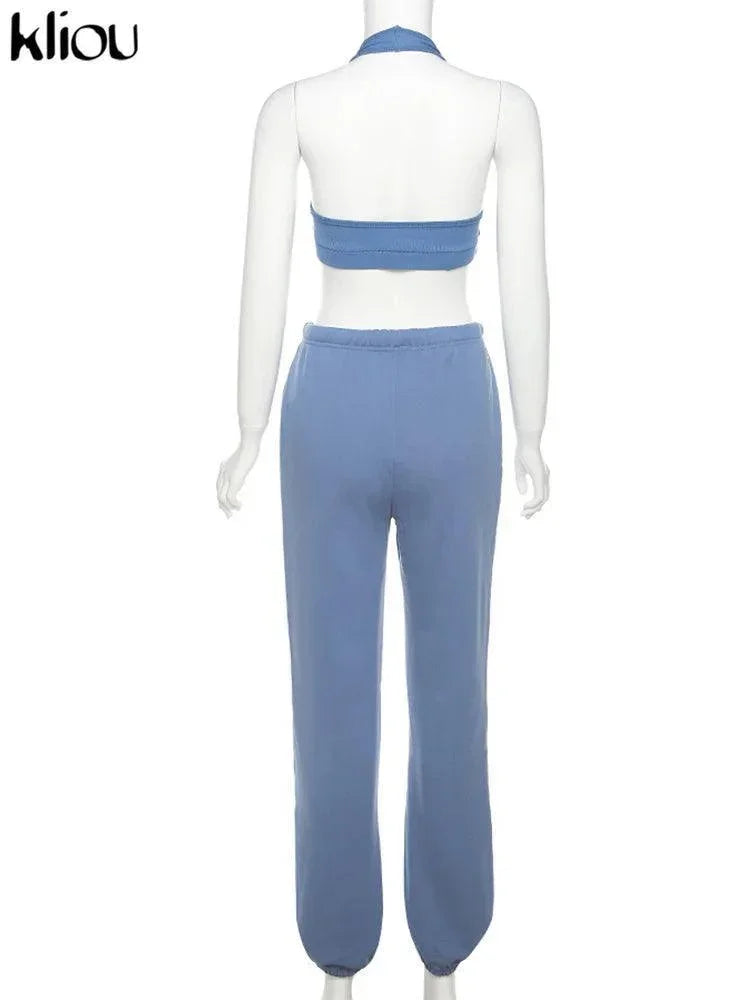 Sporty Two Piece Set Girl Halter Crop Tops+Drawstring Sweatpants Slim Activewear Casual Gym Workout Fitness Womens Outfits - Evallys.com