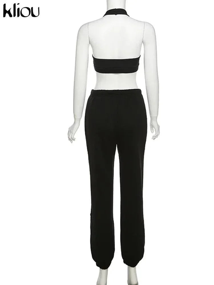 Sporty Two Piece Set Girl Halter Crop Tops+Drawstring Sweatpants Slim Activewear Casual Gym Workout Fitness Womens Outfits - Evallys.com