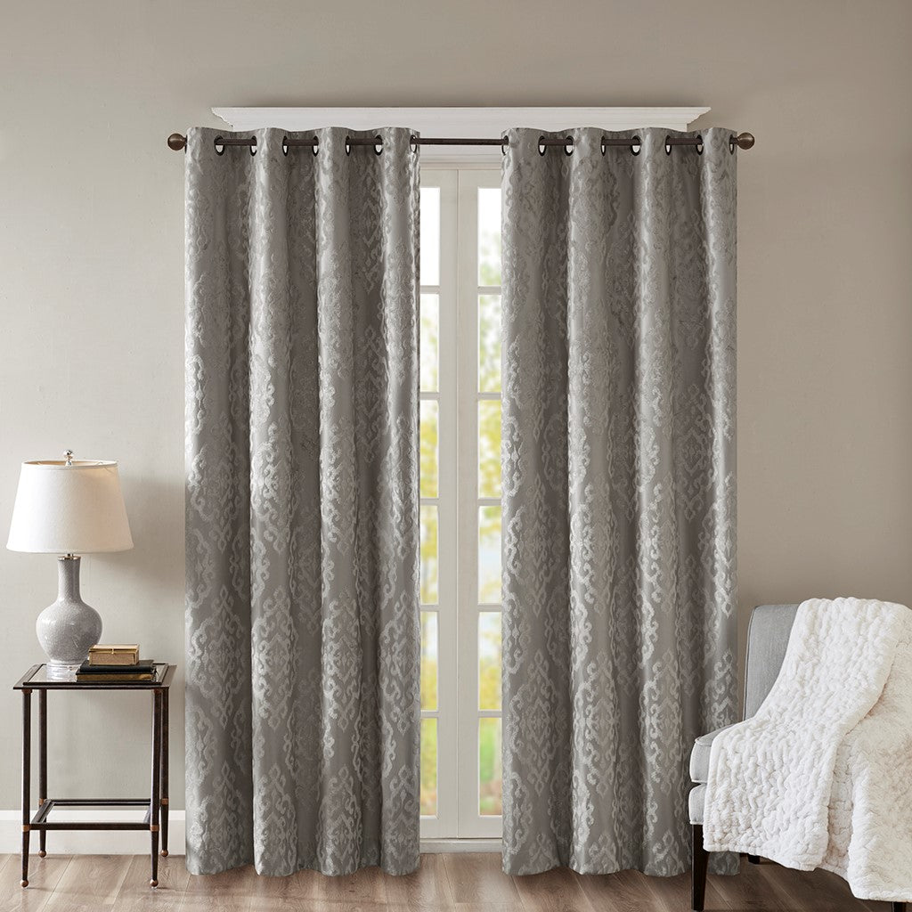 Mirage Knitted Jacquard Damask Total Blackout Grommet Top Curtain Panel - Charcoal - 84" Panel