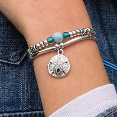 Aqua Amazonite Adjustable Blue Leather & Silver Bracelet shown w Silver Sand Dollar charm