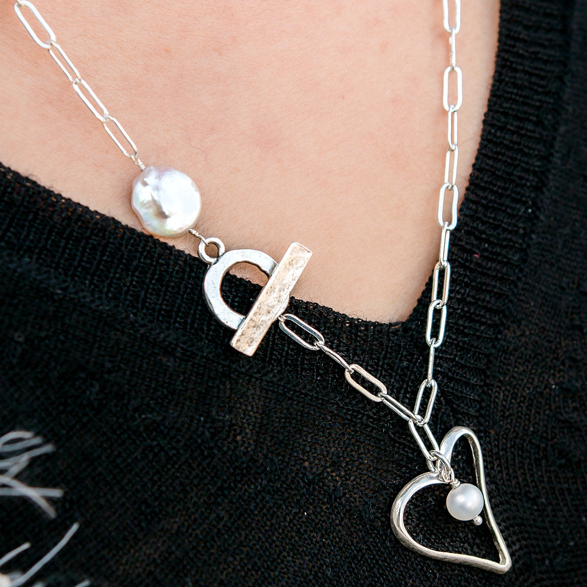 La Perla  Necklace with Sterling Silver Heart and Freshwater Pearl- Limited Edition