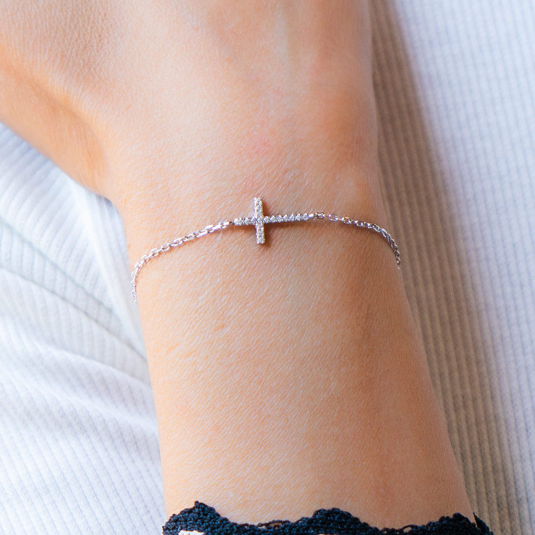 Cubic Zirconia Cross Adjustable Sterling Silver Bracelet