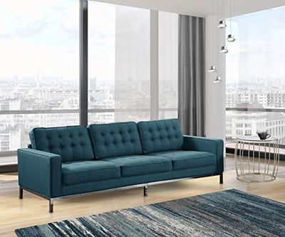 Iconic Home Draper Sofa Three Seat Linen Upholstered Button Tufted Square Arm Silvertone Metal Legs Couch, Modern Contemporary, Blue