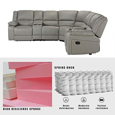K·1 Classic and Traditional PU Leather Manual Reclining Corner Sectional Sofa w/Cup Holder Living Room, Grey
