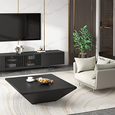 Modern Square Coffee Table with Large Soft-Close Drawer, 43.3" Tea Table Wood Central Table with Side Pouch, Cocktail Table for Living Room, Black