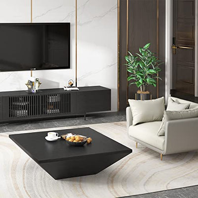 Voohek Modern Drum Living Room Home, Trapezoid White Marble Coffee Table, Fully-Assembled, 39.37", Black