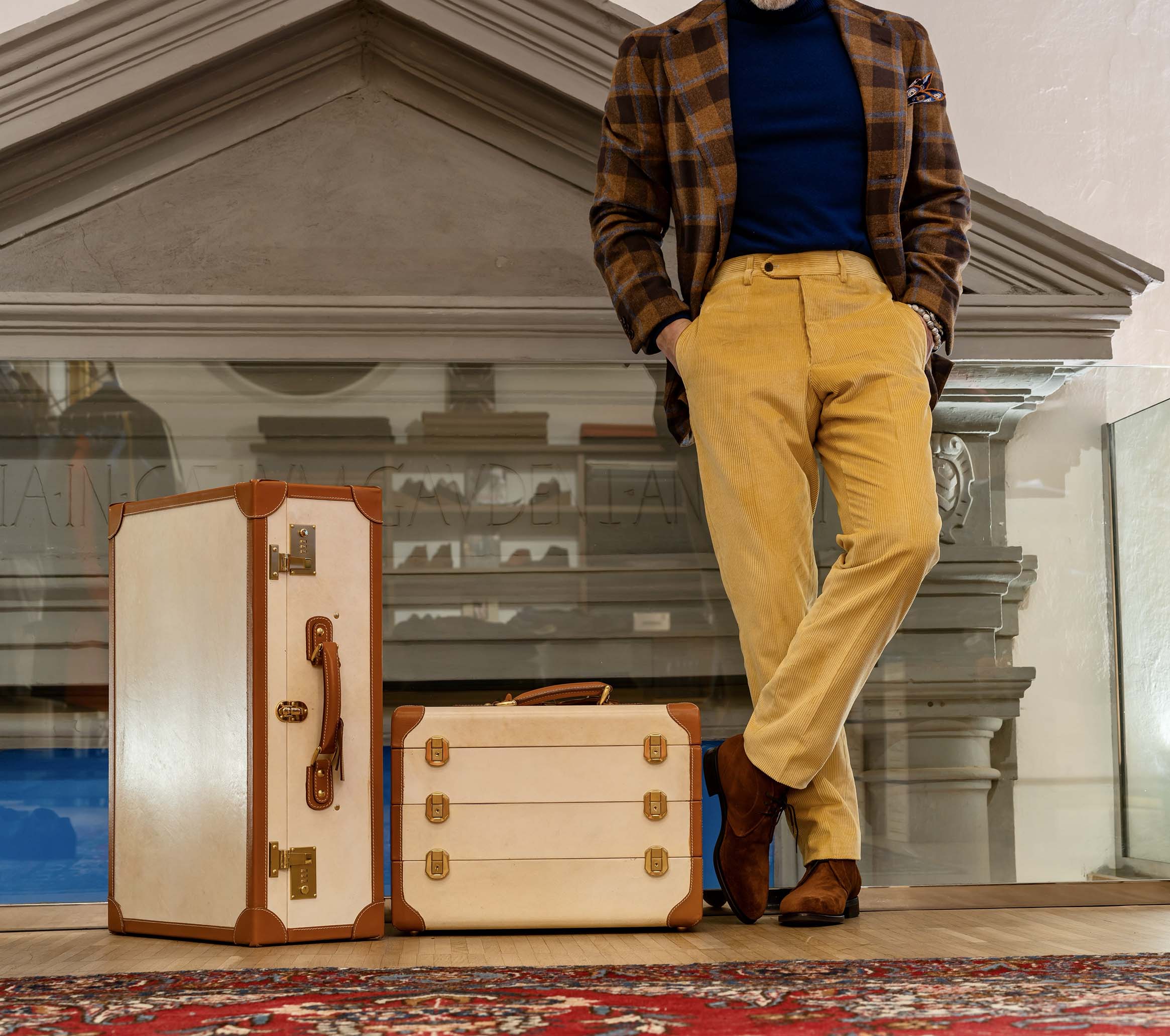 Brown Chukka Boots, Plaid Shetland Wool Jacket and Yellow Cotton Velvet Trousers