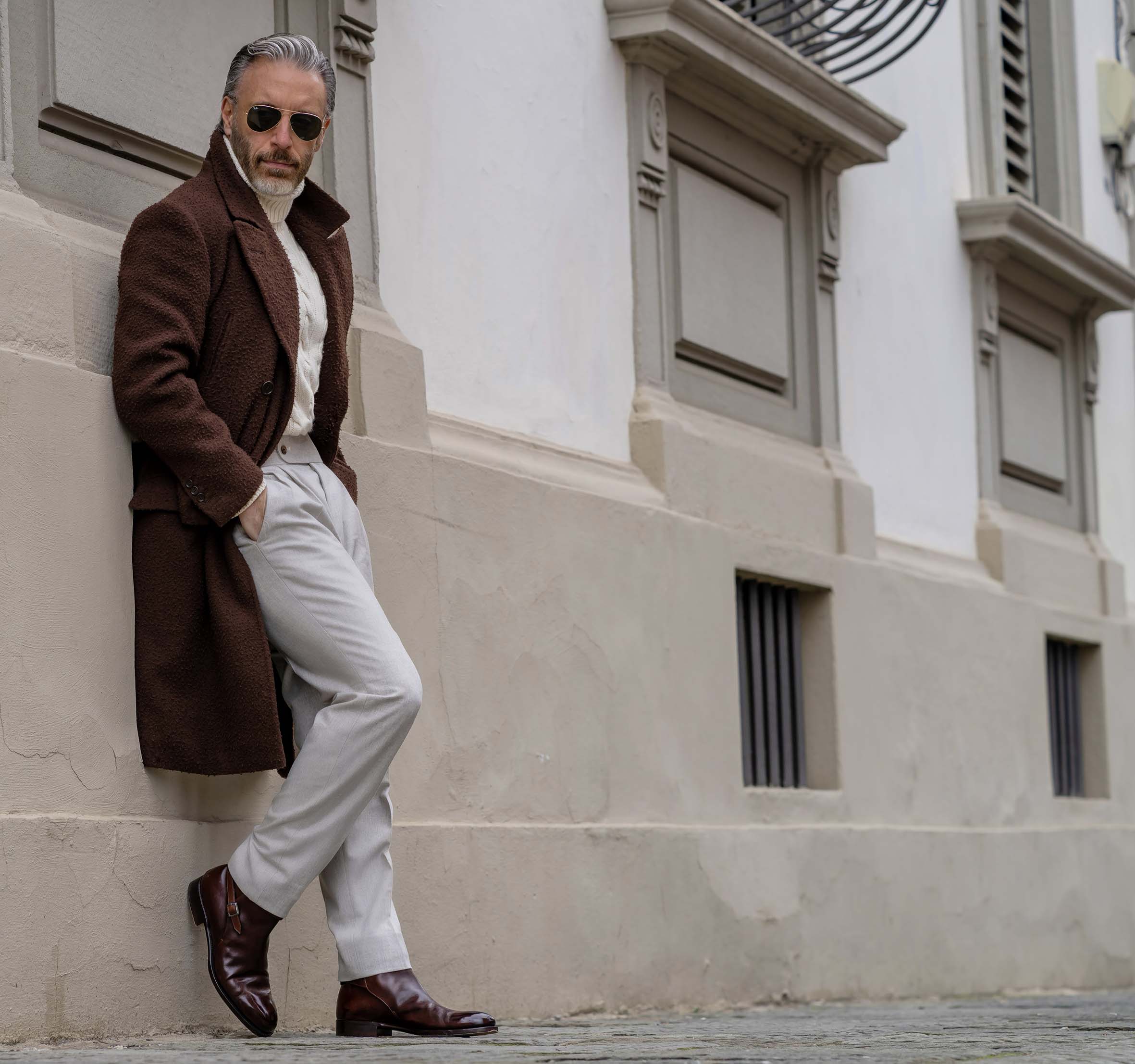 Stefano Bemer Brown Jodhpur Boot and Classic Ulster Coat in Dark Brown Casentino Wool